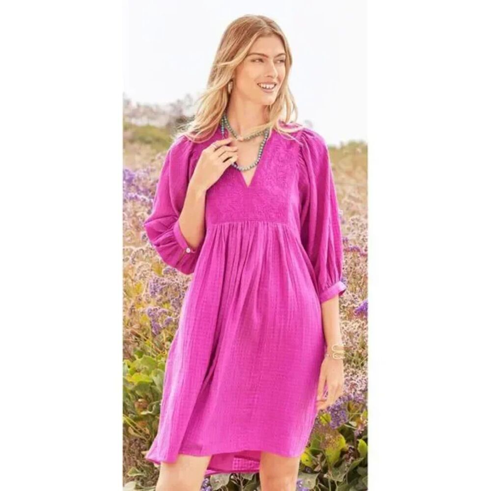 Sundance Sakura Easy Dress Embroidered Boho Tunic sz MP Cotton Fuchsia Pink NWT